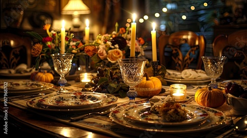 A detailed shot of a table set for a Halloween dinner, with themed plates, napkins, and eerie candle holders, surrounded by spooky decorations and dim lighting.