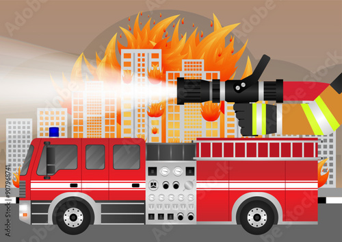 Fire Truck with Firefighter Spraying Water to Extinguish Fire on Burning Building or Burning House. Vector Illustration. 