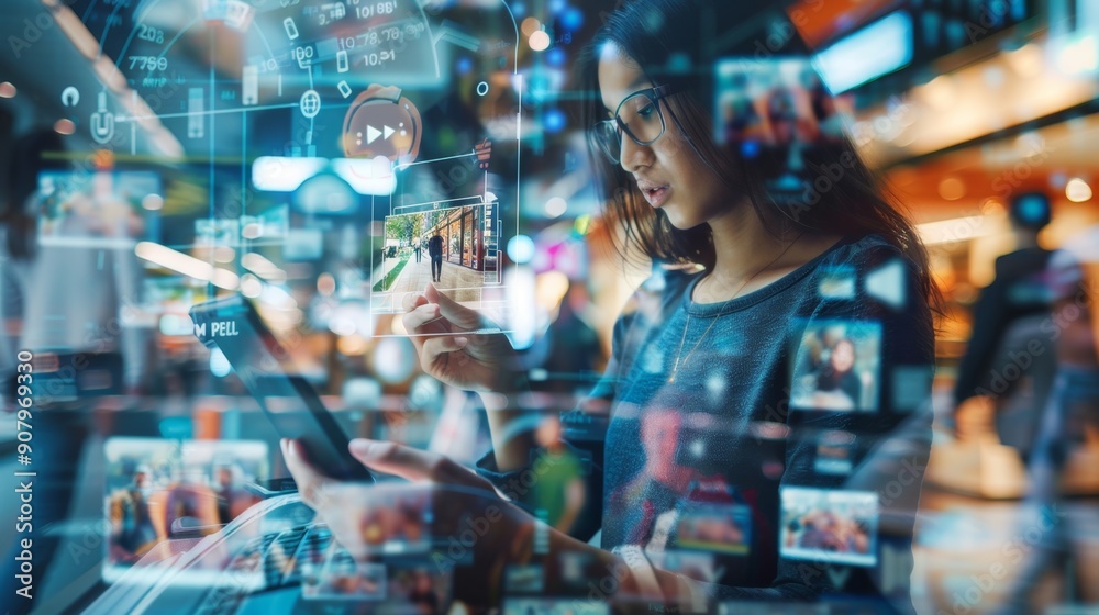 Woman browsing through a digital interface. Woman browsing through a digital interface.