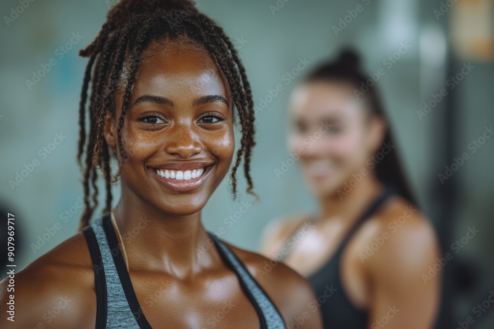 Happy black woman warming up with her female friend during sports training in gym, Generative AI