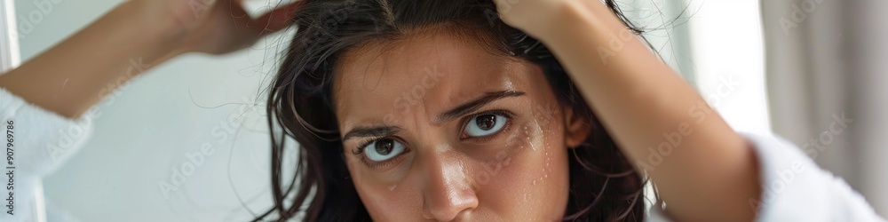 Fototapeta premium Young Indian woman upset by dandruff looking at her hair roots in mirror Frustrated lady in bathrobe after bath suffering from dry flaky scalp Close up shot with copy space
