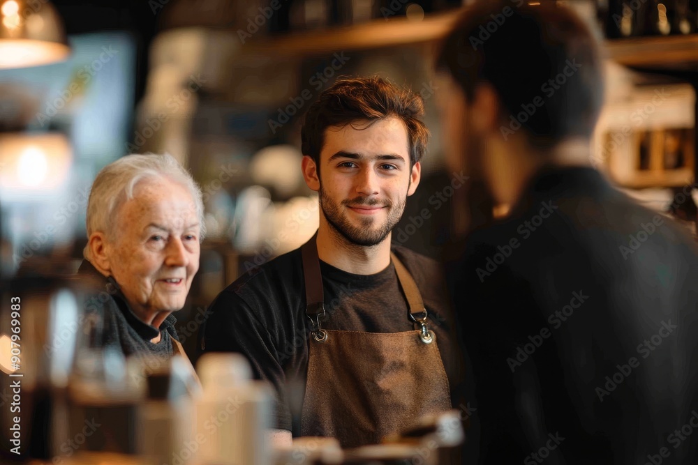 Handsome barista working in coffee shop, serving customers, elderly couple. University student working part-time in cafe, Generative AI Handsome barista working in coffee shop, serving customers, elderly couple. University student working part-time in cafe, Generative AI