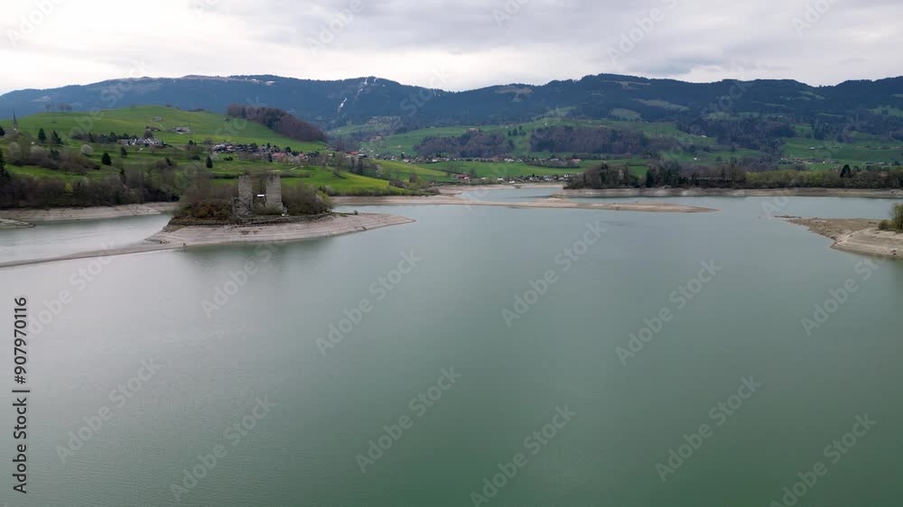 Beautiful Lake Gruyere in Switzerland from above - aerial view by drone Beautiful Lake Gruyere in Switzerland from above - aerial view by drone