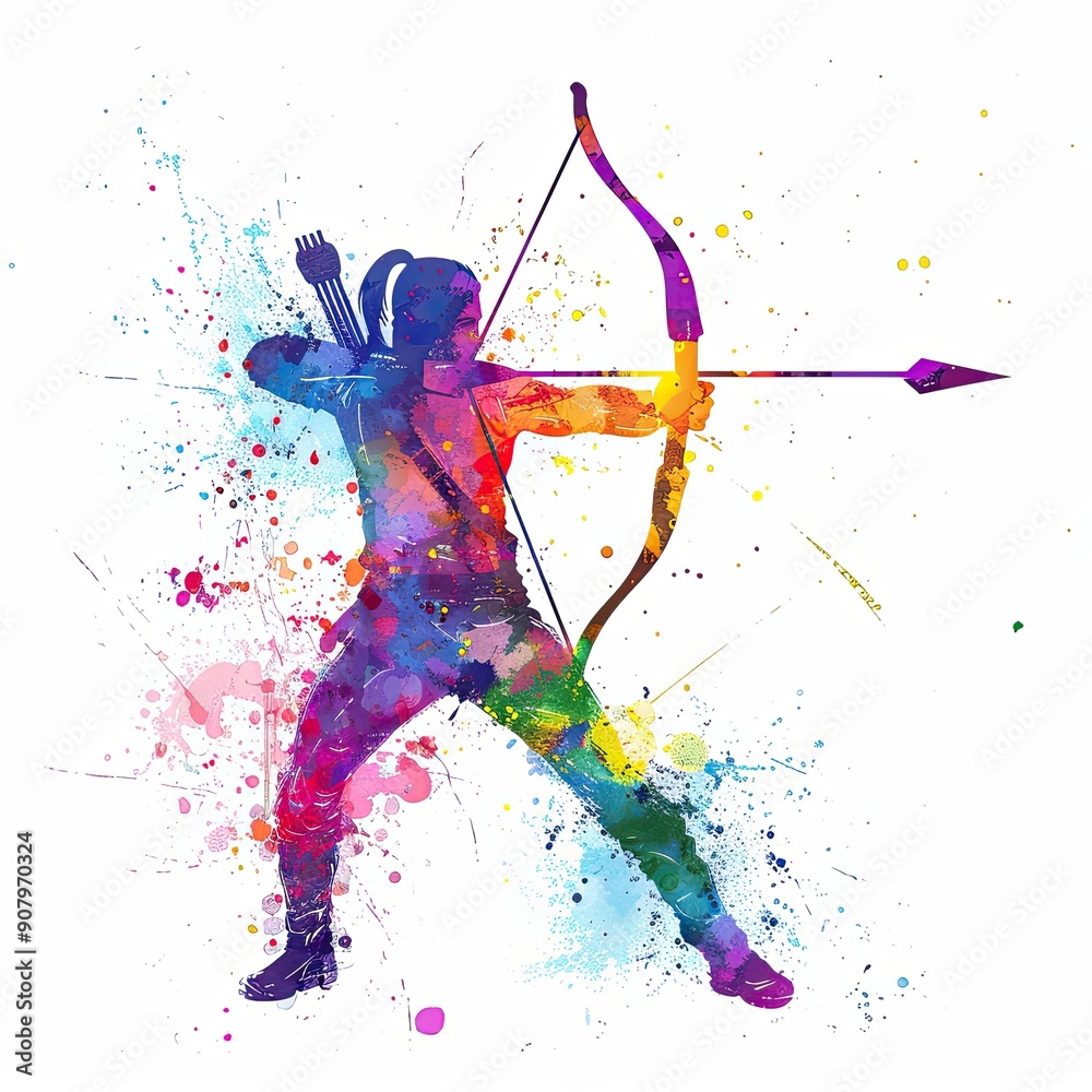 Fototapeta premium A colorful watercolor illustration depicts a archer drawing a bow, with splashes of vibrant hues against a white background, creating a sense of dynamic motion.