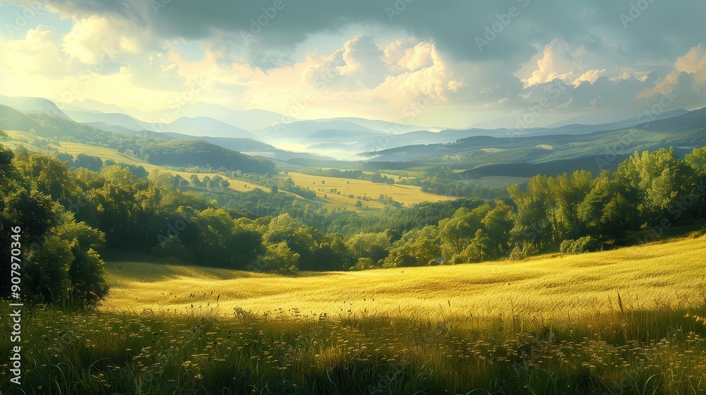 Obraz premium Beautiful summer landscape with meadow and forest on the hillside