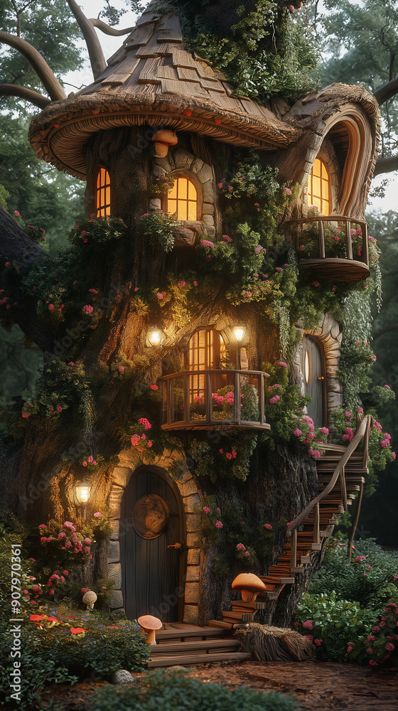 A whimsical office nestled within a giant tree, with vines and flowers adorning the walls and glowing mushrooms providing light. A whimsical office nestled within a giant tree, with vines and flowers adorning the walls and glowing mushrooms providing light.
