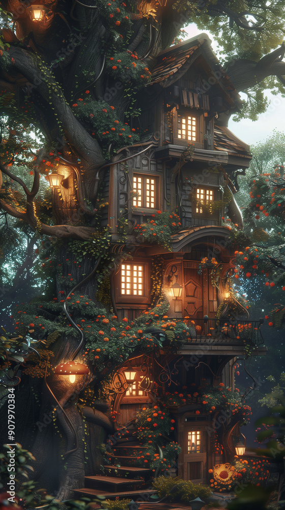 A whimsical office nestled within a giant tree, with vines and flowers adorning the walls and glowing mushrooms providing light. A whimsical office nestled within a giant tree, with vines and flowers adorning the walls and glowing mushrooms providing light.