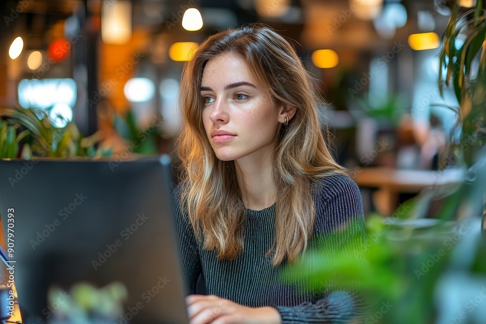 Young businesswoman working on computer in a startup company office. Working in co-working space, Generative AI Young businesswoman working on computer in a startup company office. Working in co-working space, Generative AI