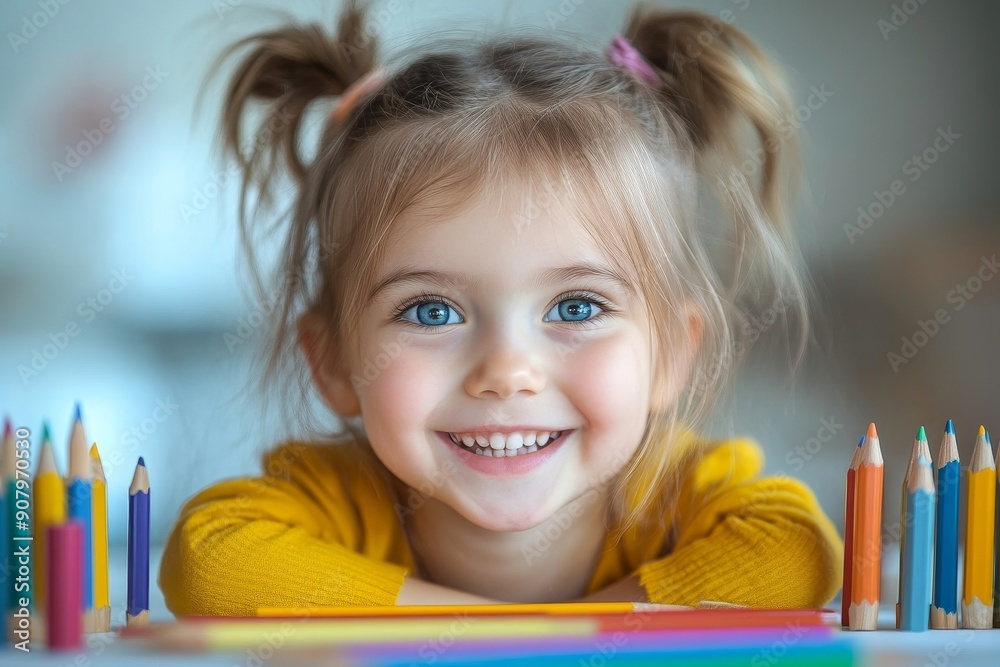 Excited little girl learns to draw with a colour pencil in an art class, Generative AI Excited little girl learns to draw with a colour pencil in an art class, Generative AI