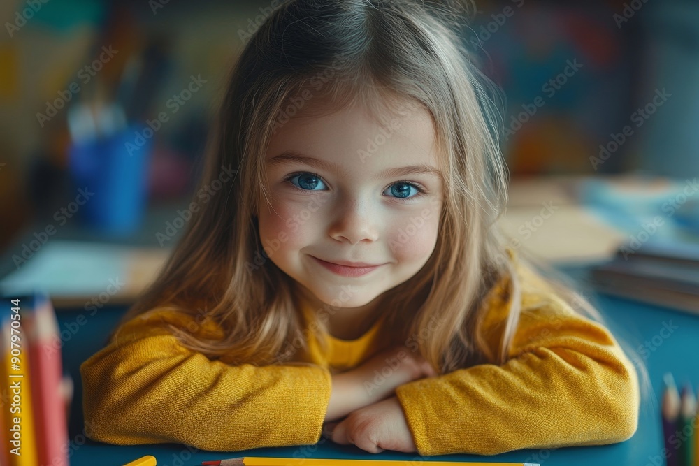 Excited little girl learns to draw with a colour pencil in an art class, Generative AI Excited little girl learns to draw with a colour pencil in an art class, Generative AI