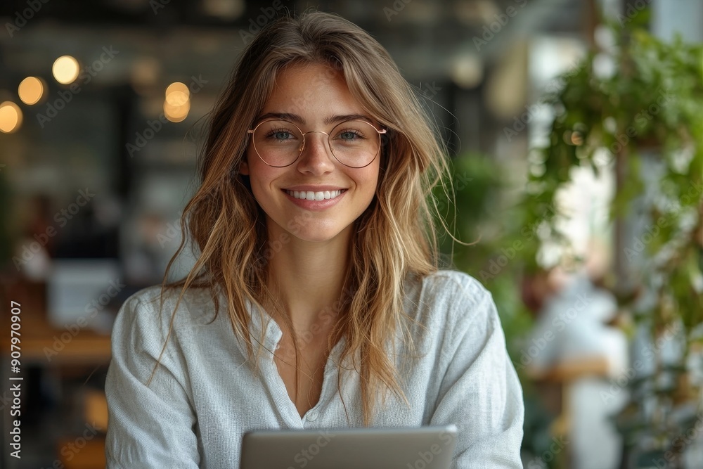 Young happy businesswoman using touchpad while working in office and looking at camera, Generative AI Young happy businesswoman using touchpad while working in office and looking at camera, Generative AI