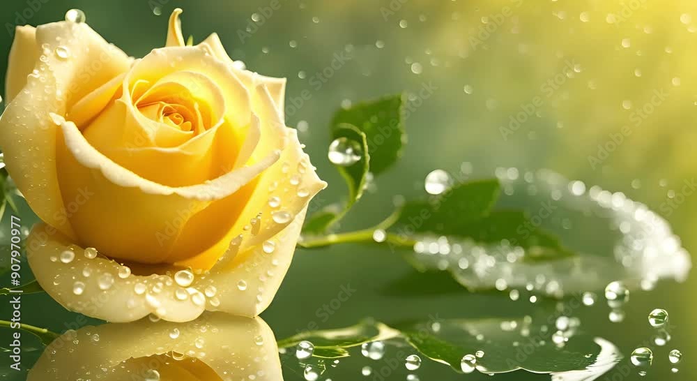 Yellow rose illuminated by sunlight, perfect for positive advertising campaigns., gardening content, wedding invitation, digital greeting cards, floral designs. Radiant yellow rose in sunlight