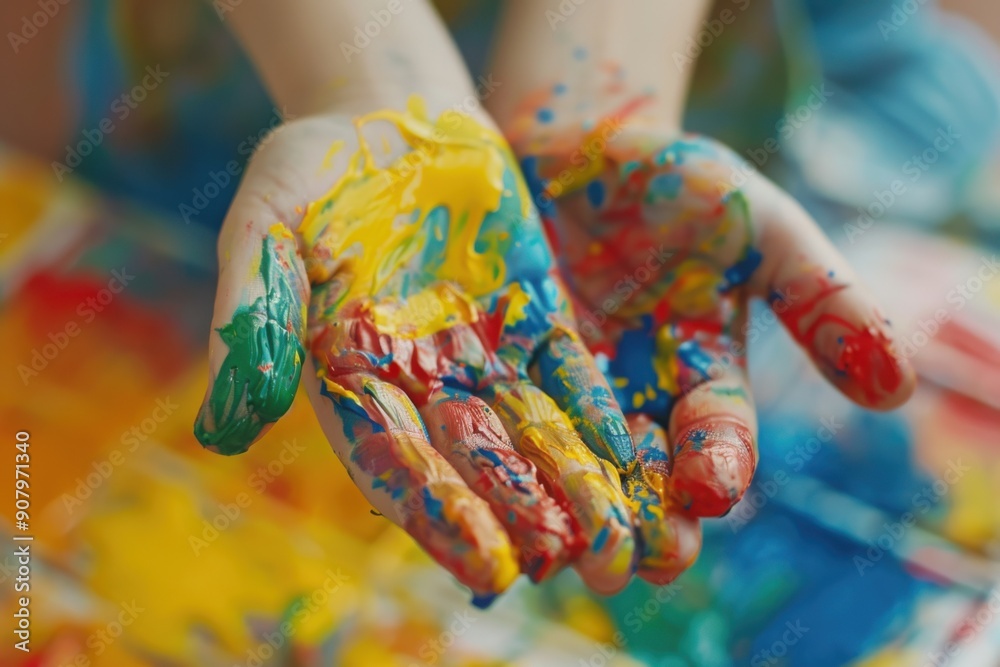 Fototapeta premium Close-up of children's hand during art class, with copy space