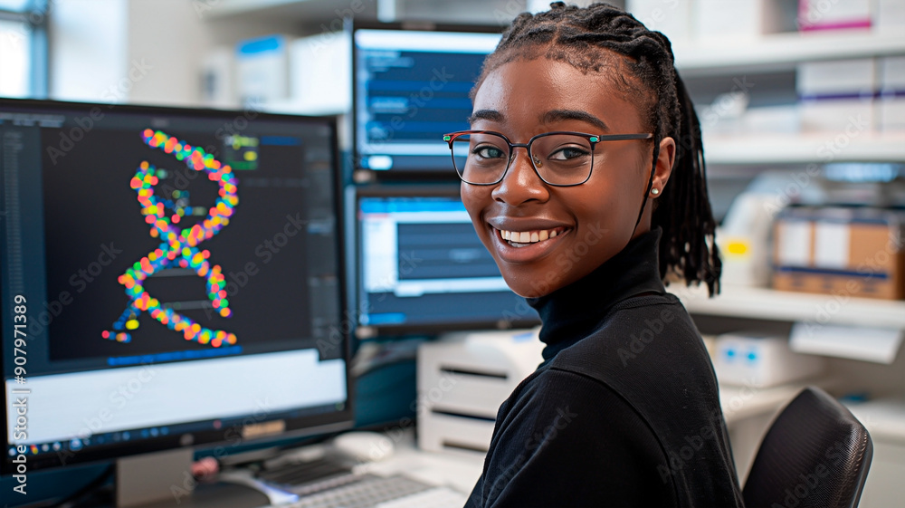 Smiling young African American molecular scientist conducting genome analysis using bioinformatics with DNA structure on high-tech screens. Genetic analyst focused on chromosomal mapping on monitors. Smiling young African American molecular scientist conducting genome analysis using bioinformatics with DNA structure on high-tech screens. Genetic analyst focused on chromosomal mapping on monitors.