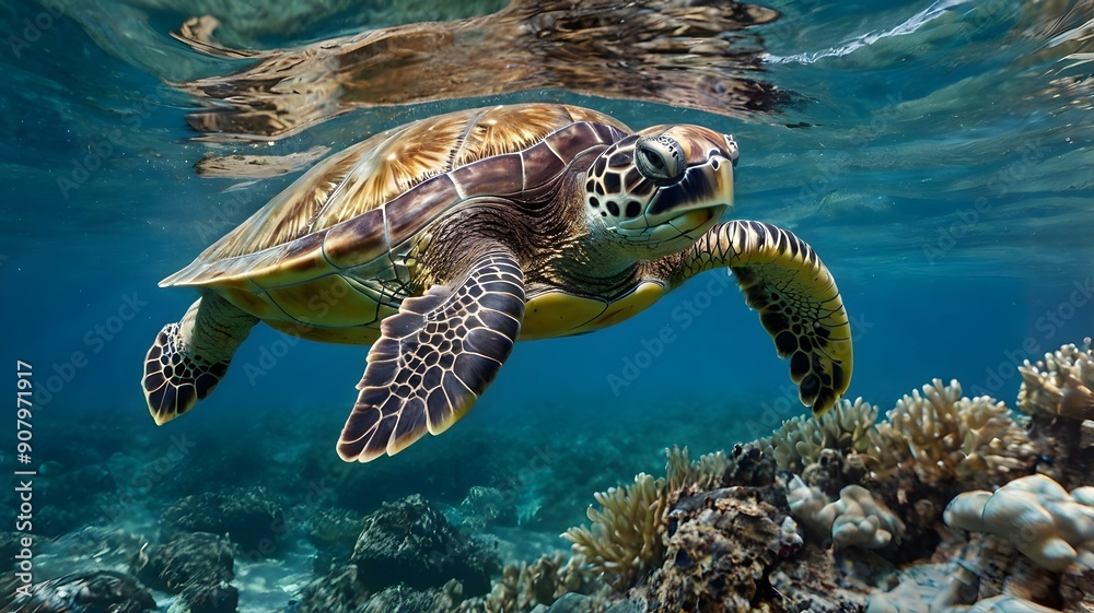Fototapeta premium sea turtle swimming through a coral reef