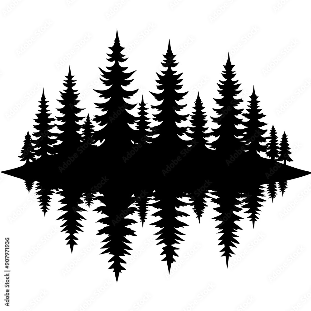 Obraz premium Reflection in water, pine tree forest vector silhouette