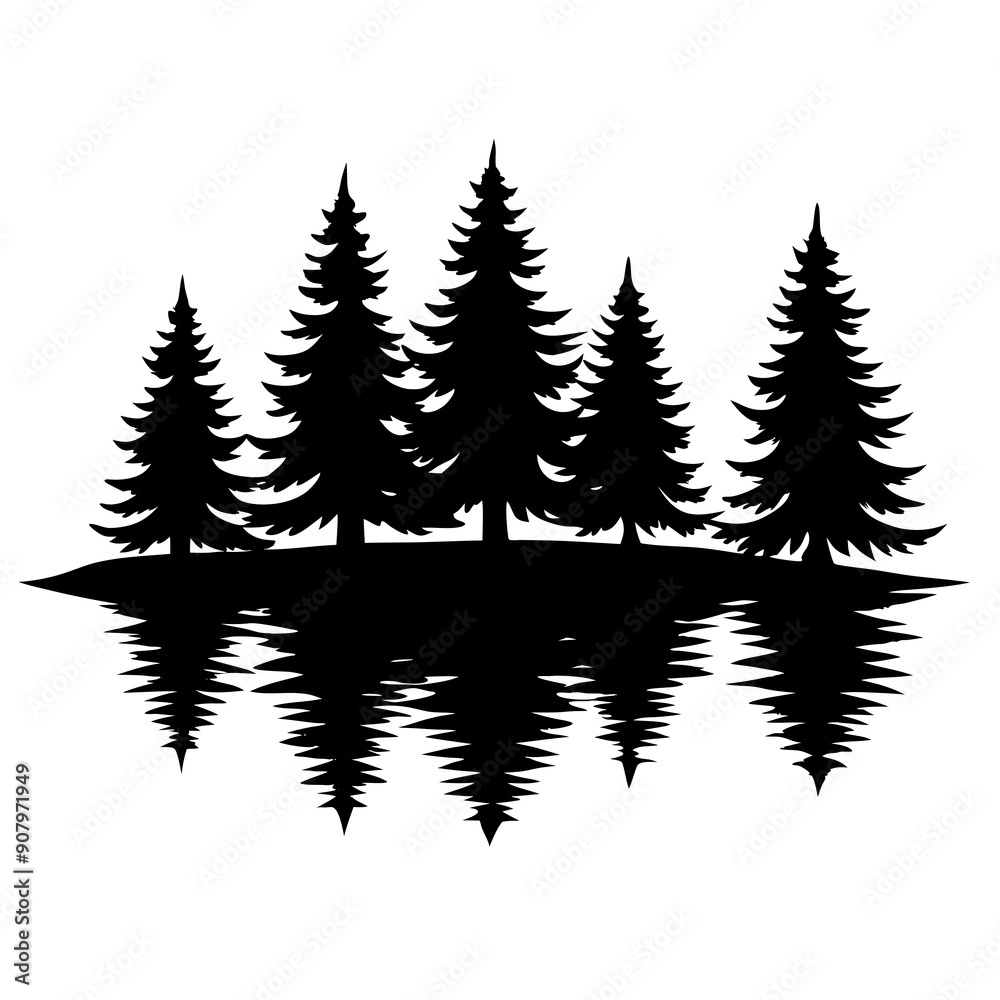 Reflection in water, pine tree forest vector silhouette Reflection in water, pine tree forest vector silhouette