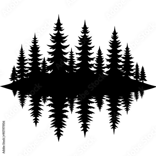 Reflection in water, pine tree forest vector silhouette