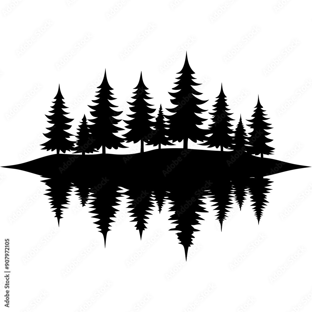 Fototapeta premium Reflection in water, pine tree forest vector silhouette