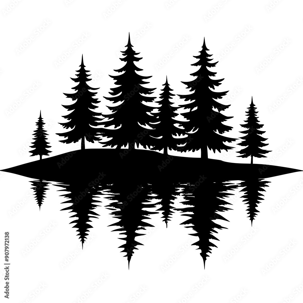 Reflection in water, pine tree forest vector silhouette Reflection in water, pine tree forest vector silhouette