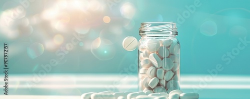 Glass bottle filled with white pills on a marble surface. Free copy space for text.