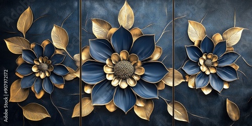3d navy blue and gold flower wall art with three flowers on each panel, dark background
