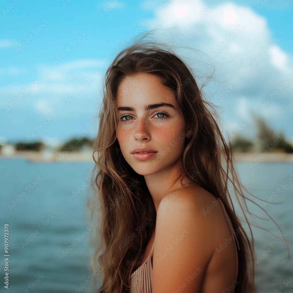 portrait of beautiful young blonde tanned woman with freckles with blue eyes sitting on the beach with hair blowing in the wind, natural beauty, model portrait of beautiful young blonde tanned woman with freckles with blue eyes sitting on the beach with hair blowing in the wind, natural beauty, model