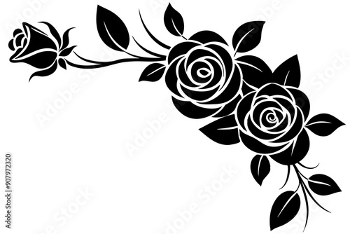 Delicate floral corner element featuring roses and leaves with fine line art vector silhouette