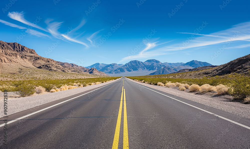 Fototapeta premium Long Straight Desert Road Leading to Mountains Under Blue Sky