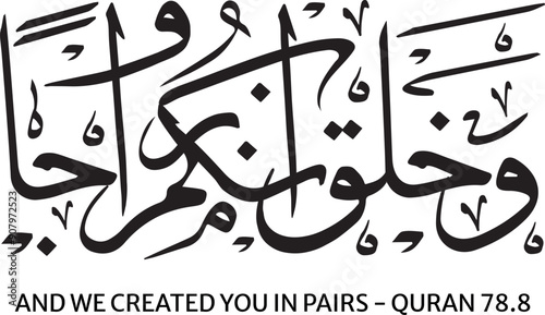 Wa khalaqnakum azwaja arabic calligraphy Translated And We Created You in Pairs Quran Verse 