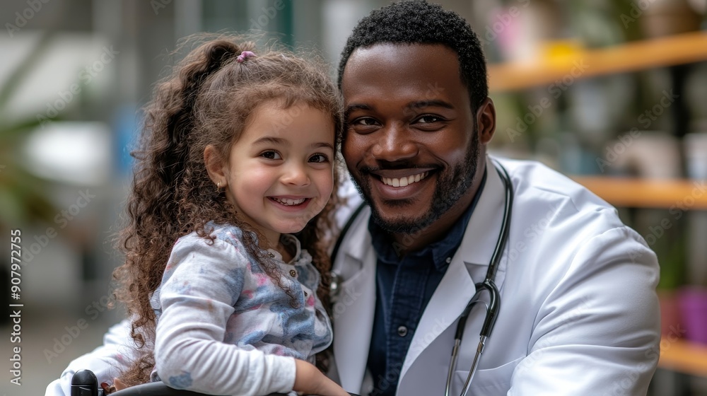Fototapeta premium Young multiracial doctor having fun with little girl on wheelchair, Generative AI