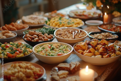 Community potluck dinner table full of diverse dishes, with copy space