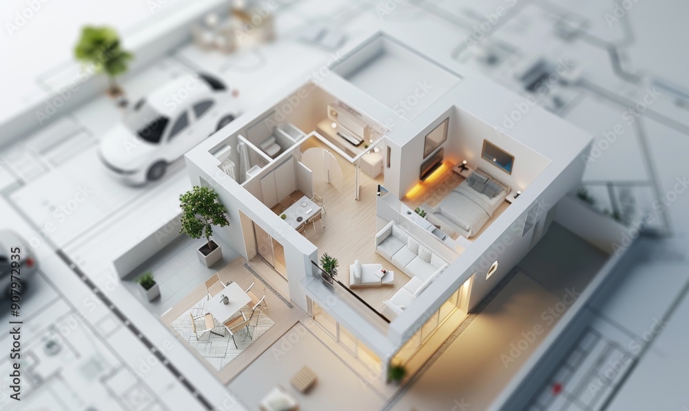 Creative 3D House Model on Architectural Floor Plan: Innovative Real Estate Marketing Concept. AI-Generated Visualization for Property Investment, Home Viewing, and Estate Planning with Detailed Vill Creative 3D House Model on Architectural Floor Plan: Innovative Real Estate Marketing Concept. AI-Generated Visualization for Property Investment, Home Viewing, and Estate Planning with Detailed Vill