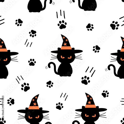 Halloween seamless pattern with black cat cartoons, wizard hat and paw prints on white background vector.