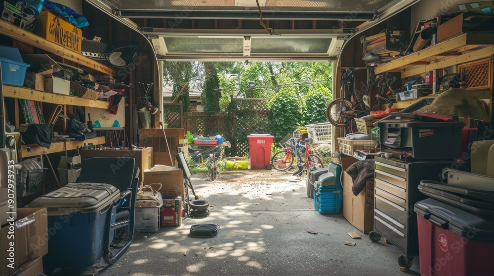 Cluttered Garage with Open Door and Backyard View. Cluttered Garage with Open Door and Backyard View.