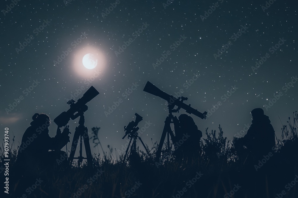 Silhouettes of people during community stargazing event, with copy space