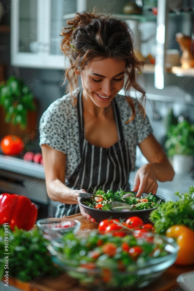 Happy smiling woman preparing fresh vegan salad, colorful vegetables on kitchen counter, bright light, cheerful home setting, Happy smiling woman preparing fresh vegan salad, colorful vegetables on kitchen counter, bright light, cheerful home setting,