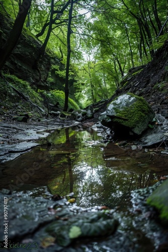 A forest with a stream running through it. The water is murky and the trees are lush
