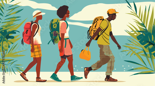 Three diverse hikers traverse tropical trail colorful backpacks, hiking attire, lush greenery. Ethnically diverse young adults adventure summer, man yellow cap, woman corral dress, another hat plaid