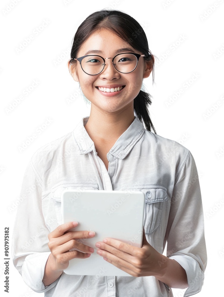 A woman wearing glasses is holding a tablet in her hand. She is smiling and she is happy A woman wearing glasses is holding a tablet in her hand. She is smiling and she is happy