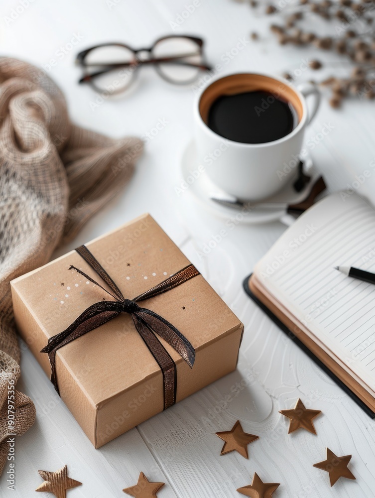 A brown box with a bow on it sits on a table next to a cup of coffee and a notebook. The scene suggests a moment of relaxation and reflection, as the person who received the gift can sit down A brown box with a bow on it sits on a table next to a cup of coffee and a notebook. The scene suggests a moment of relaxation and reflection, as the person who received the gift can sit down