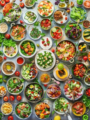 A large assortment of salads and vegetables are spread out on a table. The variety of colors and textures create a vibrant and healthy atmosphere