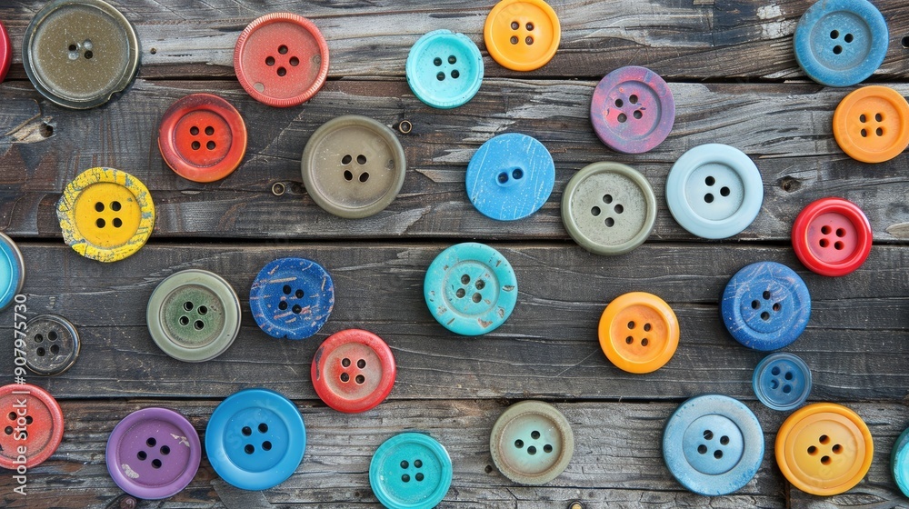 Fototapeta premium Vibrant buttons on wood backdrop
