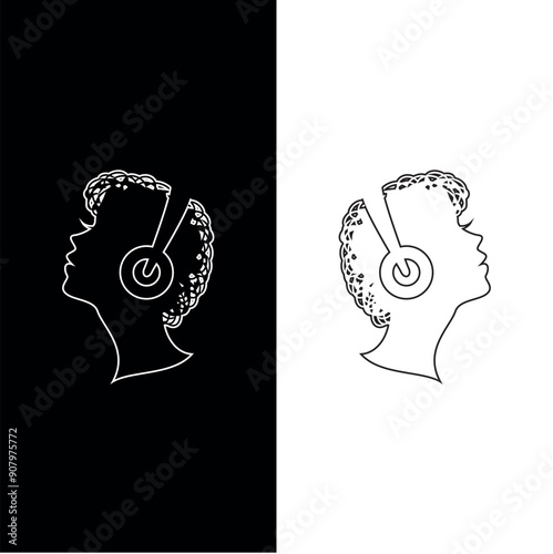 girl with headphone listening to music logo icon design Illustration, in trendy modern minimal simple style vector. women with headset
