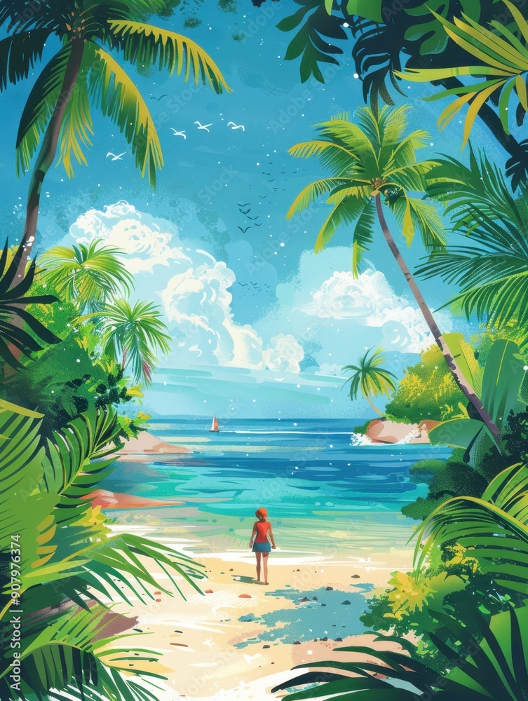 Naklejka premium A woman stands on a tropical beach surrounded by lush greenery, gazing at the turquoise ocean under a bright blue sky.