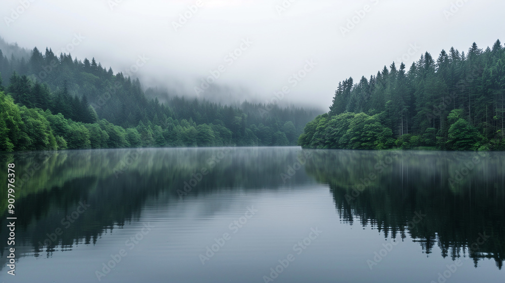 Passage over scenic, sunlit evergreen mountains shrouded in mist, aerial shot, Pure Lake, Magical Mountain, Scenic view of lake and mountains against sky, Morning atmosphere with early morning mist Passage over scenic, sunlit evergreen mountains shrouded in mist, aerial shot, Pure Lake, Magical Mountain, Scenic view of lake and mountains against sky, Morning atmosphere with early morning mist
