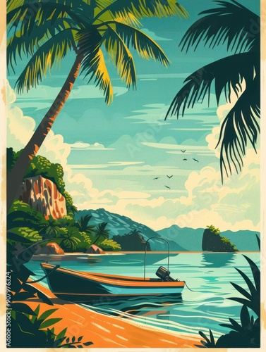 Serene tropical beach with a boat anchored by the shore, surrounded by lush palm trees and clear blue waters under a bright sky.