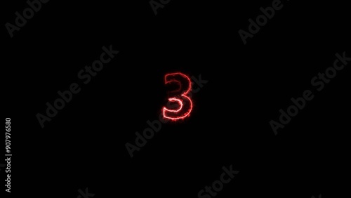 countdown timer neon glowing red color three 4k illustration on black background. three seconds timer 4k illustration.