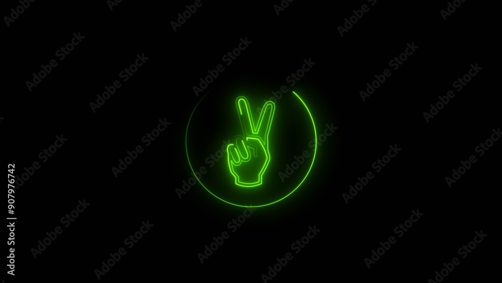   Abstract neon hand showing two finger icon green color 4k illustration on black background. Hand gesture v sign for victory green circle 4k  illustration.