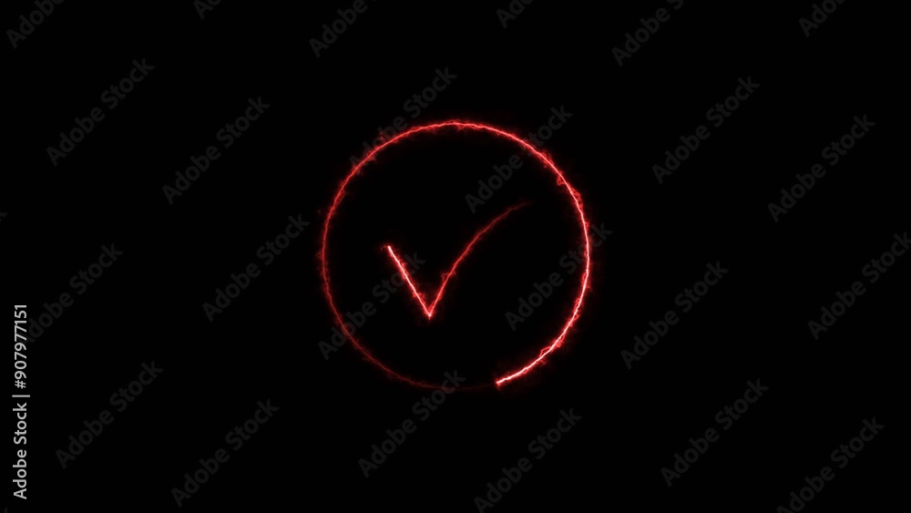 neon check mark icon neon glowing red color and red circle 4k illustration. neon check mark icon neon glowing red color and red circle 4k illustration.